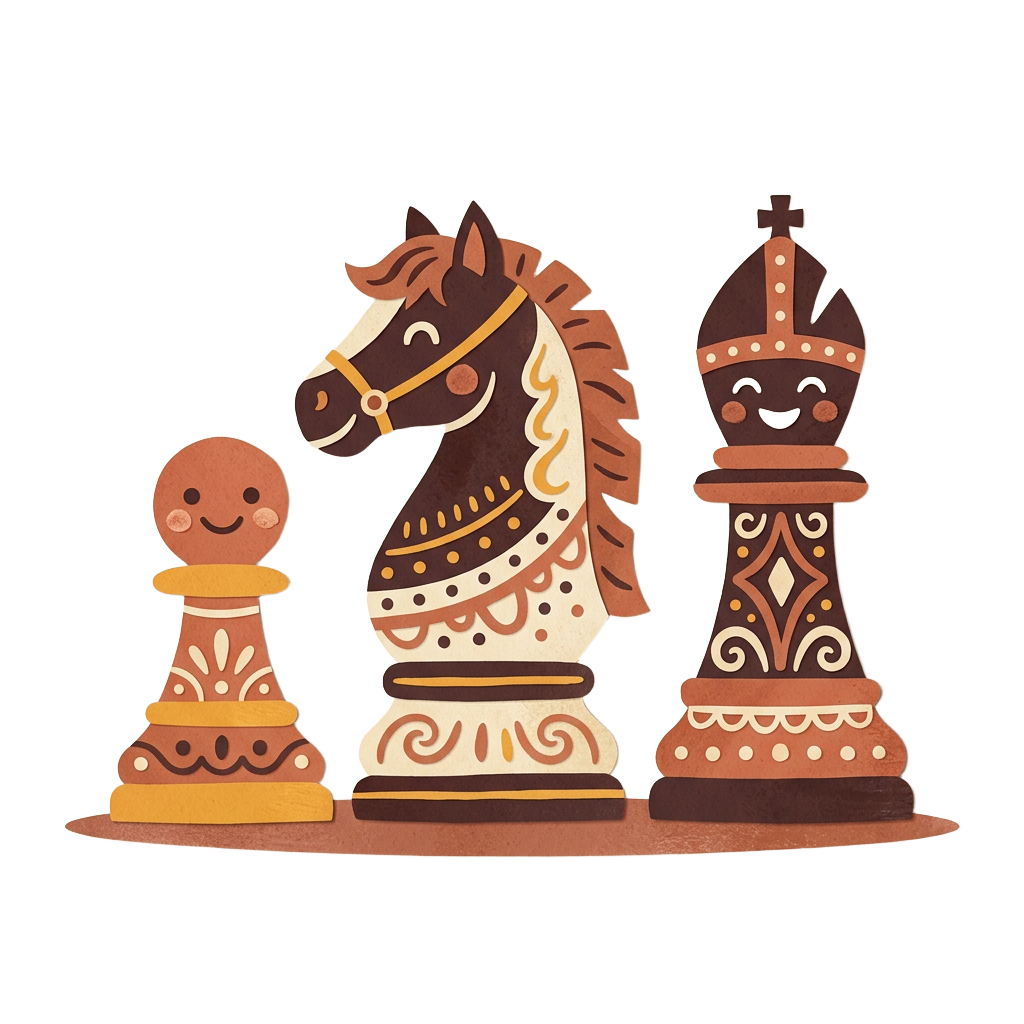 Smiling cartoon pawn, knight and bishop chess pieces as friends