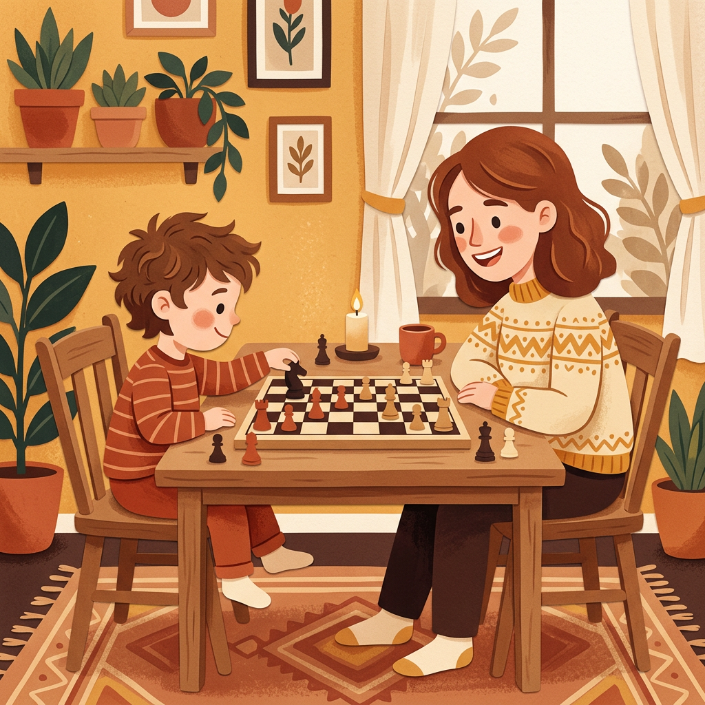 A child learning chess at a wooden table while a parent smiles nearby